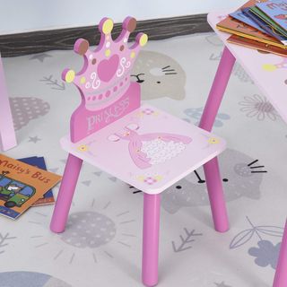 Conjunto de Mesa y 2 Sillas con Tema de Princesas para Habitación Infantil en Madera Rosa con Respaldo en Forma de Corona