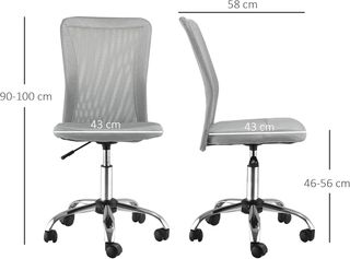 Silla De Oficina Ergonómica Sin Brazos, Silla Para Escritorio En Tejido Transpirable De Malla, Altura Regulable Y 5 Ruedas, 43X58X90-100 Cm, Gris