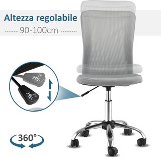 Silla De Oficina Ergonómica Sin Brazos, Silla Para Escritorio En Tejido Transpirable De Malla, Altura Regulable Y 5 Ruedas, 43X58X90-100 Cm, Gris