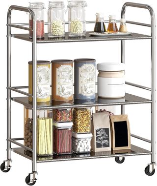 Carrello da Cucina a 3 Livelli con Ripiano Centrale Regolabile e Bordi Elevati, Carrello Cucina Salvaspazio in Acciaio Inox 201 con 4 Ruote e 2 Freni, 60X35X77 Cm, Argento