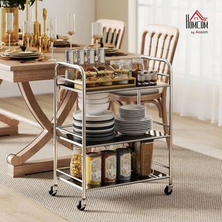 Carrello da Cucina a 3 Livelli con Ripiano Centrale Regolabile e Bordi Elevati, Carrello Cucina Salvaspazio in Acciaio Inox 201 con 4 Ruote e 2 Freni, 60X35X77 Cm, Argento