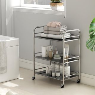Carrello da Cucina a 3 Livelli con Ripiano Centrale Regolabile e Bordi Elevati, Carrello Cucina Salvaspazio in Acciaio Inox 201 con 4 Ruote e 2 Freni, 60X35X77 Cm, Argento