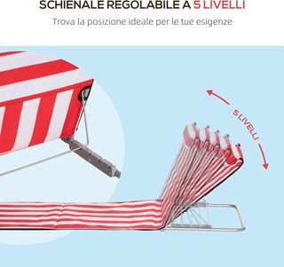 Conjunto de 2 Tumbonas de Playa con Respaldo Ajustable en 5 Niveles, Cojín y Bolsa de Viaje, Tumbonas Plegables de Acero y PE, 124X53X35-45 Cm, Rojo y Blanco