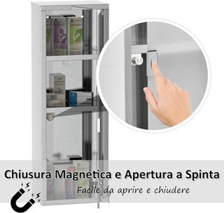 Armario Porta Medicamentos, Caja de Medicinas de Acero con Puerta de Vidrio, 3 Estantes y 2 Llaves, 20X12X58Cm