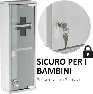 Armario Porta Medicamentos, Caja de Medicinas de Acero con Puerta de Vidrio, 3 Estantes y 2 Llaves, 20X12X58Cm