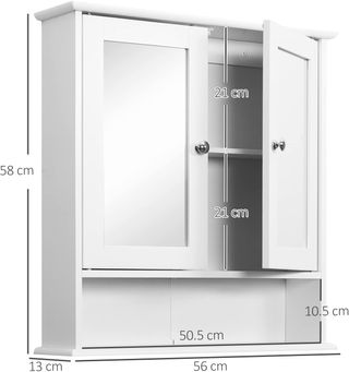 Espejo de Baño Contenedor con Puertas y Estantes Regulables, Espejo de Baño de Vidrio, Mueble Armario de Pared con Espejo, 56X13X58Cm, Blanco