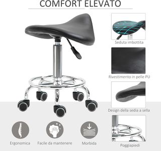 Taburete Con 5 Ruedas, Taburete Regulable en Altura, Asiento Ergonómico Acolchado en Espuma, Diseño Moderno, Versátil, 36.5X37.5X51-66 Cm, Negro