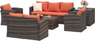 Set di mobili da giardino in rattan da 6 pezzi, soggiorno con 2 tavolini, divani e 2 poltrone imbottite per 7 persone, marrone