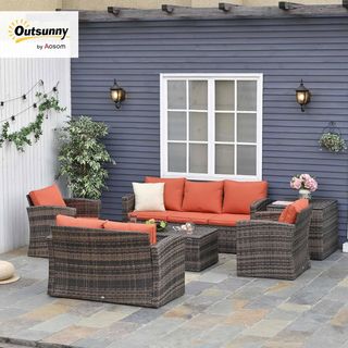 Set di mobili da giardino in rattan da 6 pezzi, soggiorno con 2 tavolini, divani e 2 poltrone imbottite per 7 persone, marrone