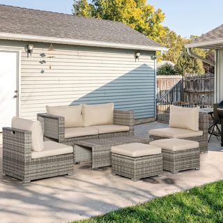 Set di mobili da giardino in rattan PE da 8 pezzi, set di salotto con poltrone, tavolini e pouf beige