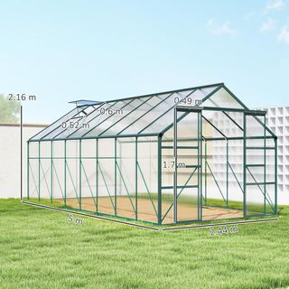 Invernadero de Jardín de Policarbonato con Puerta Corredera y Ventana Abatible, Invernadero para Plantas de Aluminio, 244X500X216 Cm, Verde