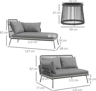 Set di mobili da giardino in rattan da 3 pezzi, divano da giardino con divano a 2 posti, chaise longue con cuscini e tavolino con piano in vetro, set da giardino per patio, grigio chiaro