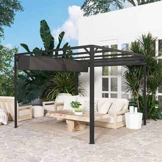 Gazebo Pergola 3X3 M Con Tenda a Rullo Protettiva, Fori De Drenaje, Estacas Y Tornillos, Pergolado De Jardín En Poliéster Y Aluminio, Para Patio, Terraza, Exterior, Gris Oscuro