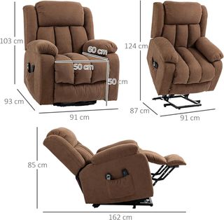 Sillón Elevador Eléctrico Con Mando A Distancia, Sillón Relax Masajeador Y Reclinable En Tejido Con Reposapiés Y Bolsillos Laterales, 91X93X103Cm, Marrón