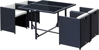 Set di mobili da giardino 5 pezzi con tavolo da pranzo e 4 sedie con cuscini combinabili in rettangolo, nero, 109X109X72 cm