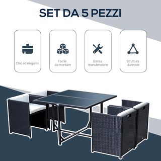 Set di mobili da giardino 5 pezzi con tavolo da pranzo e 4 sedie con cuscini combinabili in rettangolo, nero, 109X109X72 cm