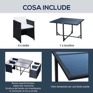Set di mobili da giardino 5 pezzi con tavolo da pranzo e 4 sedie con cuscini combinabili in rettangolo, nero, 109X109X72 cm