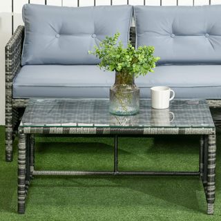 Salón De Jardín Con Sofá De 2 Plazas, Chaise Longue Y Mesa, Set De Jardín En Rattan PE Y Cristal Con Cojines, Gris