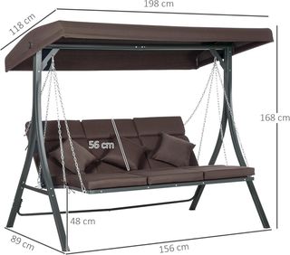 Columpio de Jardín de 3 Plazas con Toldo Regulable y 3 Cojines, Columpio de Exterior con Asiento Transpirable en Textilene y Metal, Capacidad de Hasta 270 Kg, 198X118X168 Cm, Marrón