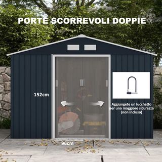Capanno da Giardino con Base e Doppie Porte Scorrevoli, Capanno da Giardino in Acciaio, 277X195X192 Cm, Grigio Scuro