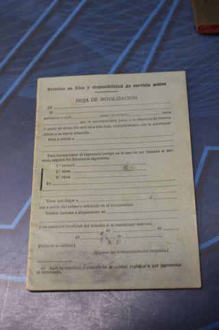 Cartilla Militar de Tropa 1932 – 1936, Hoja de Movilización y funda.