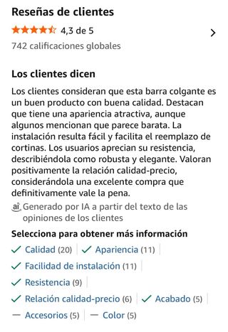 Barra Cortinas Doble Extensible Amazon hasta 182cm