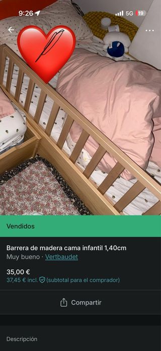 Barrera de cama infantil madera 1,40m