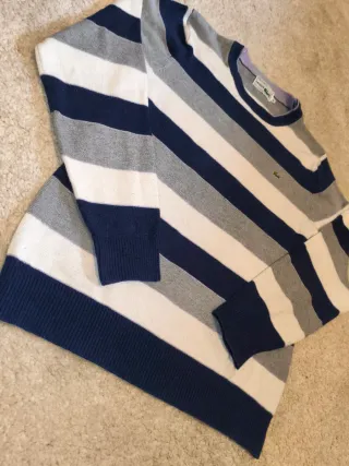 Vintage Lacoste Striped Knit Sweater Navy Grey Whi