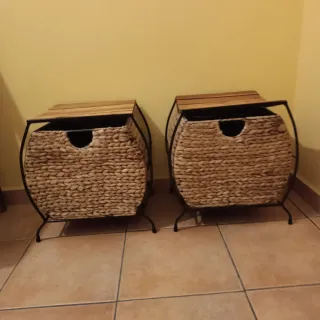 2 Mesitas Puff Mimbre y Madera