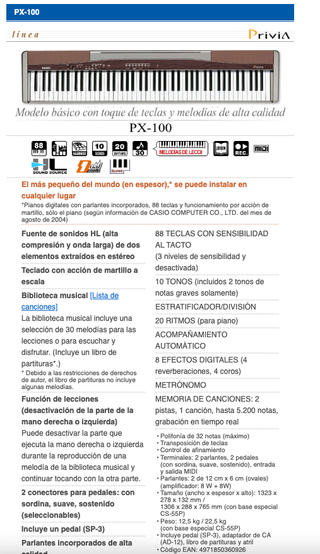 Piano Digital Casio Privia PX-100 (88 Teclas)