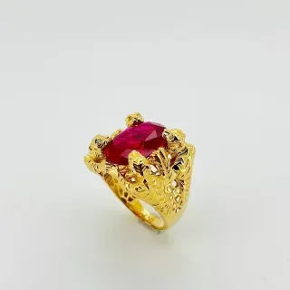 SELLO 4 PANTERAS CON PIEDRA OVALADA ROJA. Oro18K.
