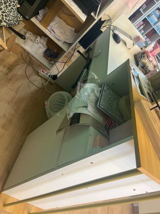 Mostrador de tienda en blanco, madera y dorado