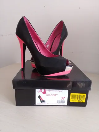 Zapatos Peep Toe Ladystar Negros y Rosas Talla 37
