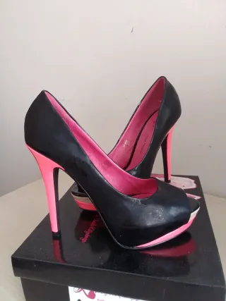 Zapatos Peep Toe Ladystar Negros y Rosas Talla 37