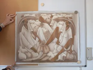 Póster de tela con figuras y frutas