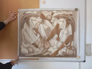 Póster de tela con figuras y frutas