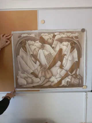 Póster de tela con figuras y frutas