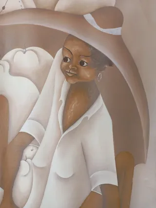 Póster de tela con figuras y frutas