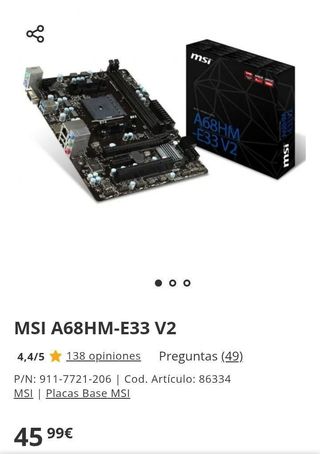 Placa Base MSI A68HM-E33 V2 Micro-ATX FM2+ DDR3