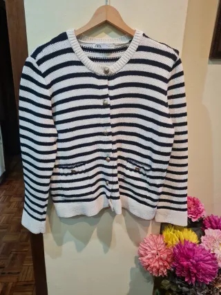 Chaqueta Zara Rayas Blanco y azul marino