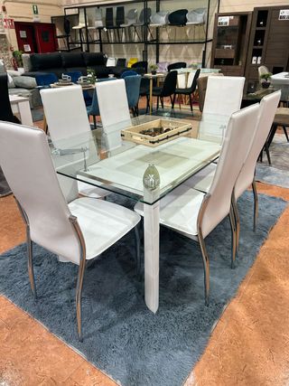 Mesa comedor cristal + 6 sillas blancas