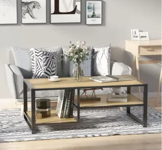 Mesa Centro 2 Estantes Madera y Metal