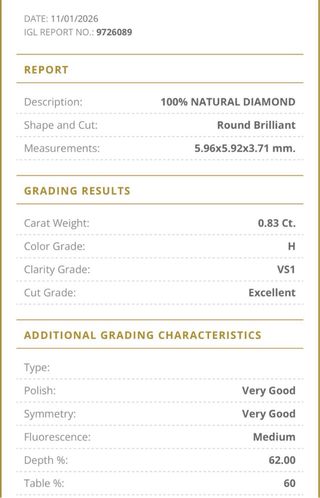 Anillo Oro 18k Diamante Natural 0.83ct VS1/H