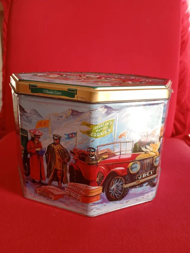 Caja de hojalata clásica vintage de autos clásicos de Jacobsen's