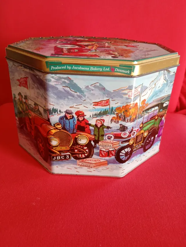 Caja de hojalata clásica vintage de autos clásicos de Jacobsen's