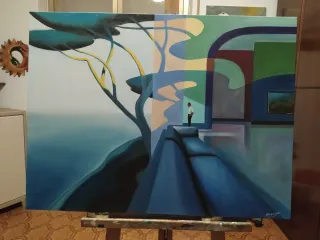 Quadro astratto moderno paesaggio surreale olio