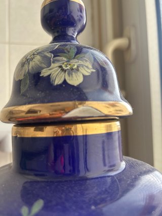 Jarrón Chino Tibor Porcelana con Tapa Azul Dorado