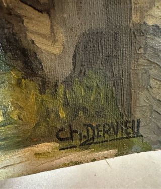 Pintura al óleo antigua de pueblo