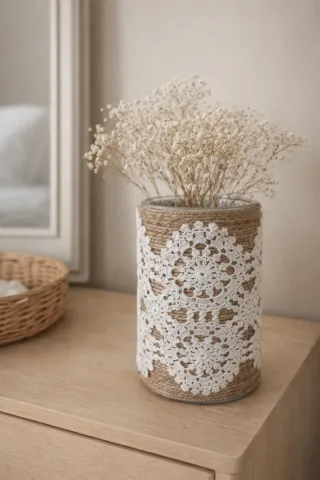 Vaso decorativo juta e pizzo salentino antico