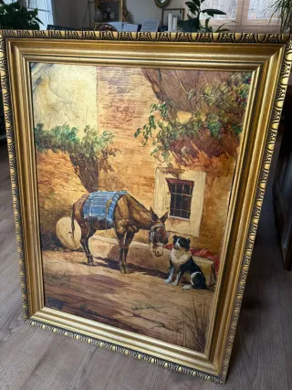 ⚜ Cuadro antiguo al óleo: Burro y perro